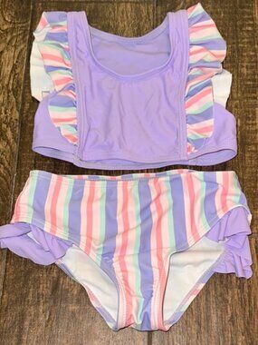 Toddler Girls 4T Purple Ruffle Bikini Swimsuit Rainbow Stripe Set